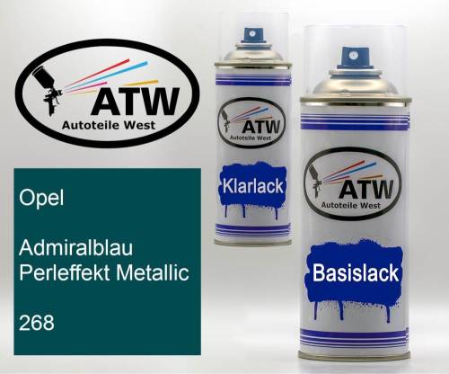 Opel, Admiralblau Perleffekt Metallic, 268: 400ml Sprühdose + 400ml Klarlack - Set, von ATW Autoteile West.